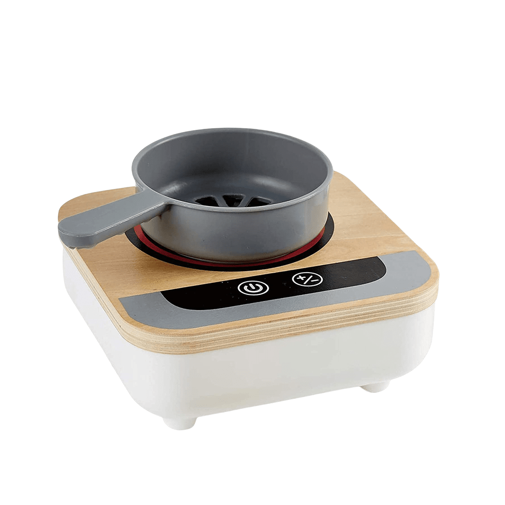 Hape Fun Fan Fryer toy on wooden base with grey pan and black control panel