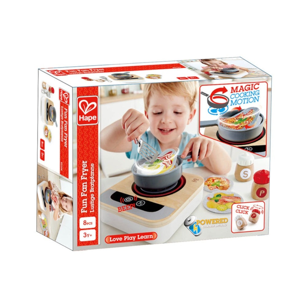 Hape Fun Fan Fryer toy kitchen set with wooden base and 8 colorful pretend foods for ages 3+, by Hape
