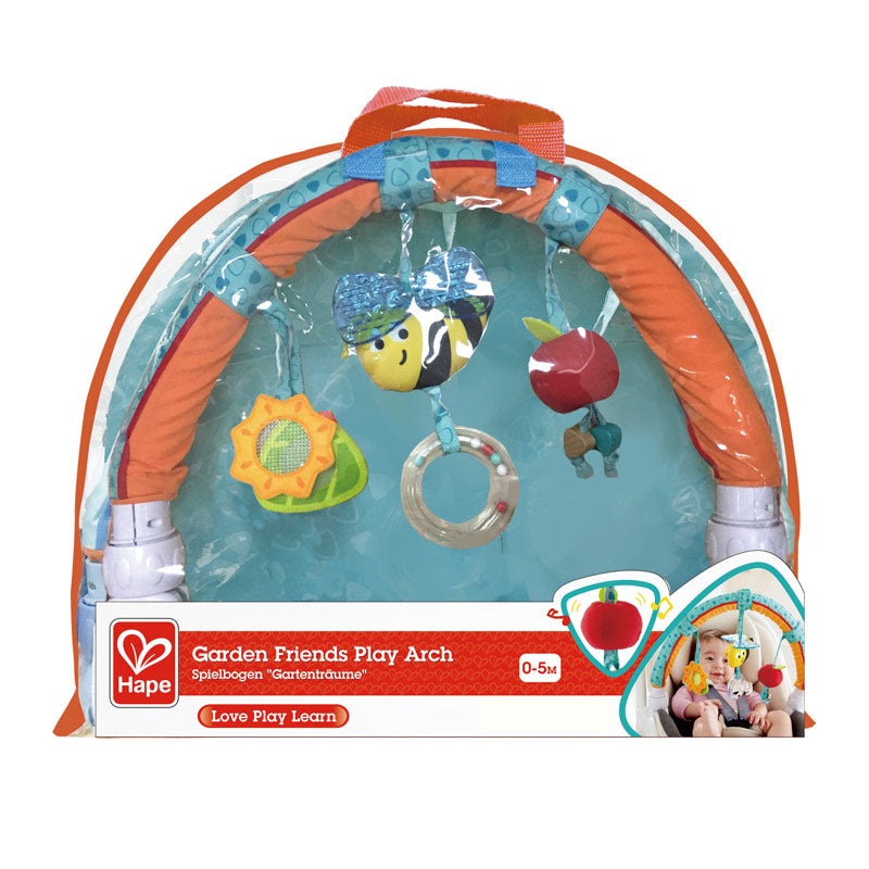 Hape Garden Friends Play Arch for babies, turquoise and orange arc with hanging toys.