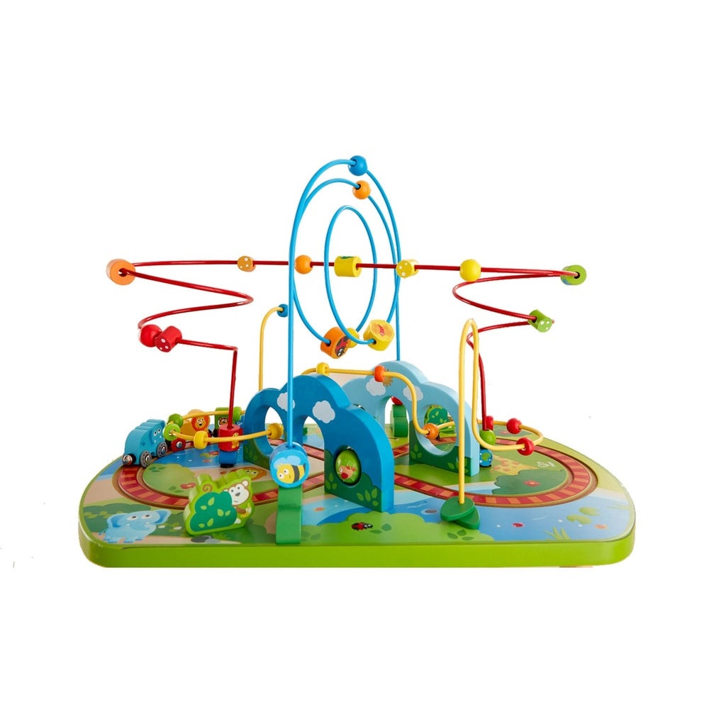 Hape Jungle Adventure Railway Table with bright looping tracks; beads travel around the animal-themed base.