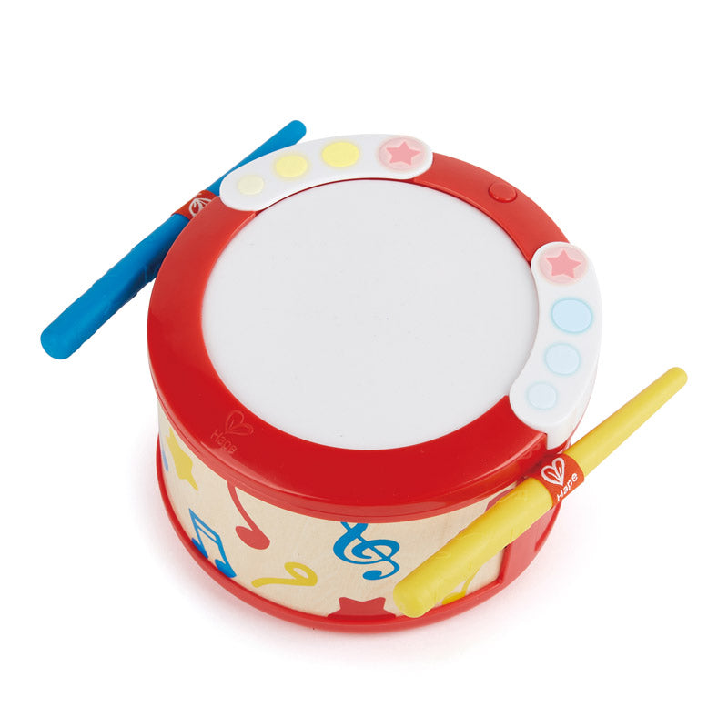 Hape Learn to Play Drum, red plastic drum with white playing surface and yellow and blue sticks