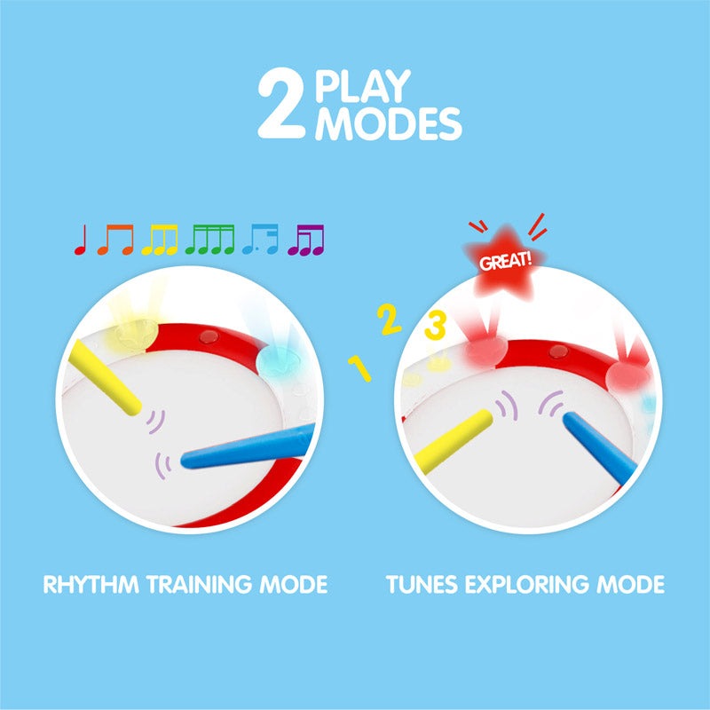 Hape Learn to Play Drum with red-rim drum, yellow and blue sticks, rhythm training and tunes exploring modes.