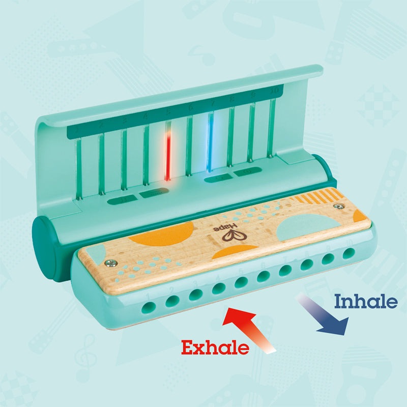 Hape Learn With Lights Harmonica, turquoise plastic body with wooden mouthpiece and red/blue LEDs