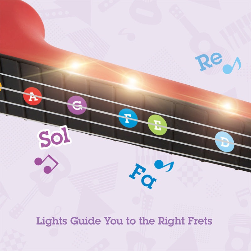 Hape Learn With Lights Ukulele Red, a musical toy with illuminated fretboard and colored A-G markers