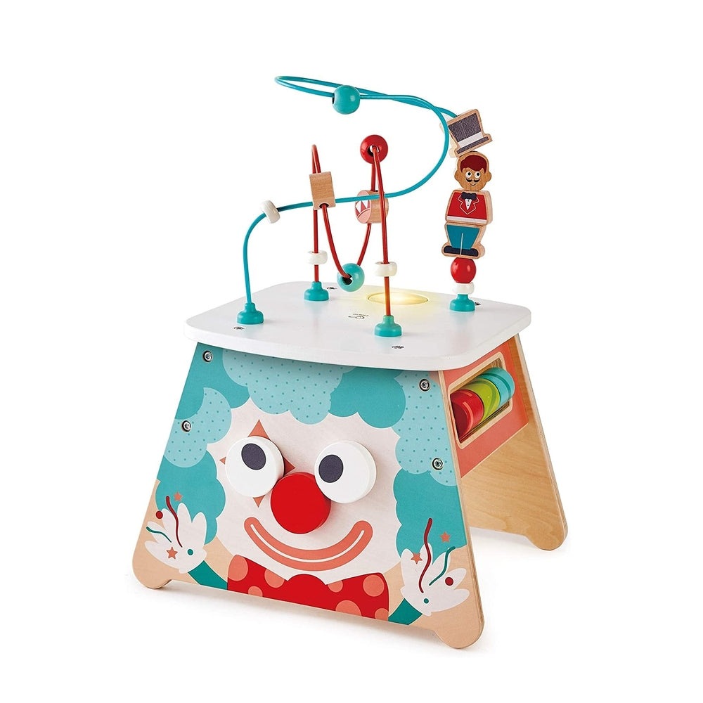 Hape Light Up Circus Activity Cube; colorful wooden toy with clown-face panel and bead maze