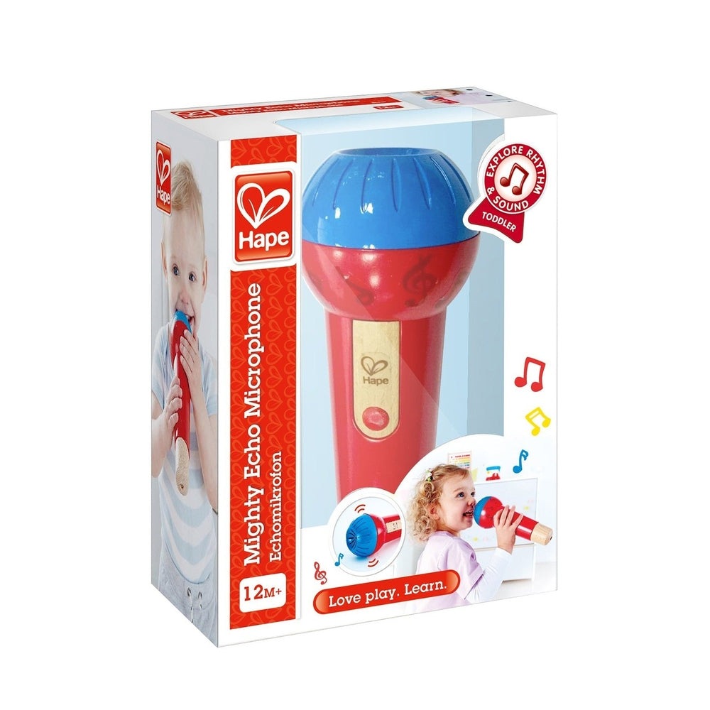 Hape Mighty Echo Microphone, red handle with blue top, toddler sings into it.
