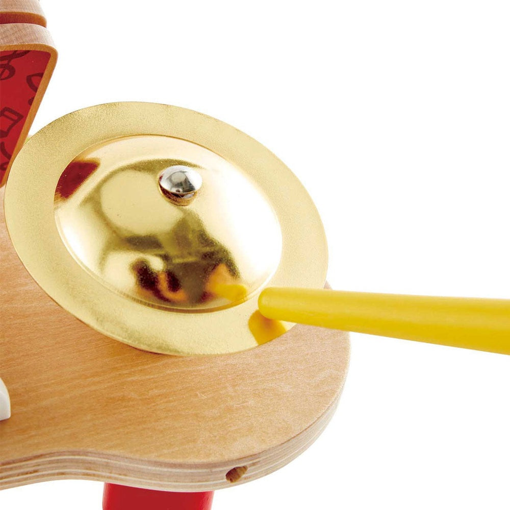 Hape Mighty Mini Band wooden toy featuring brass bell and bright yellow mallet