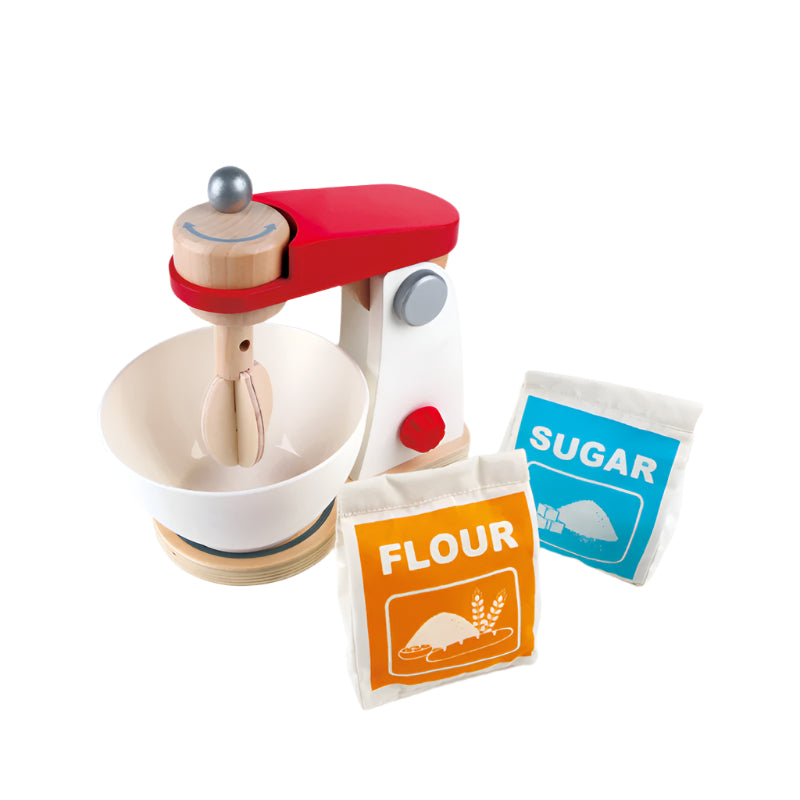 Hape Mix & Bake Blender toy with wooden crank mixer, mixing bowl, flour and sugar packets