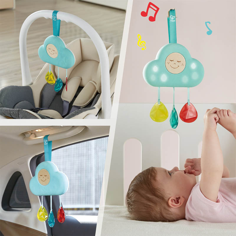 Hape Musical Cloud Light teal cloud with colorful bead drops; soothing baby toy for crib and car