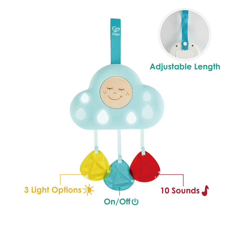 Hape Musical Cloud Light toy in light blue with three hanging pendants (yellow, teal, red); adjustable length, 3 light modes, 10 sounds
