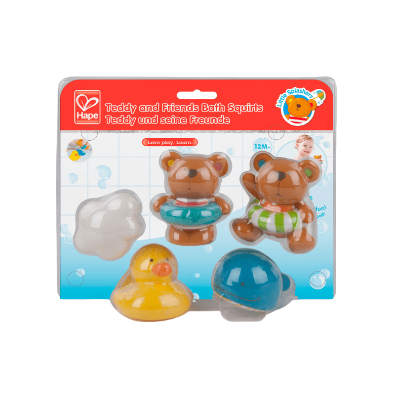 Hape Pallina Ocean Rescue bath toys: two brown bears with rings, yellow duck, and blue turtle in package.