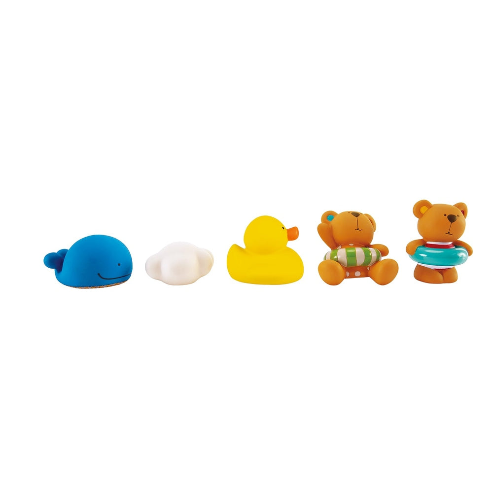 Hape Pallina Ocean Rescue bath toy set, five pieces: blue whale, white cloud, yellow duck, two bears with float rings, lined up.