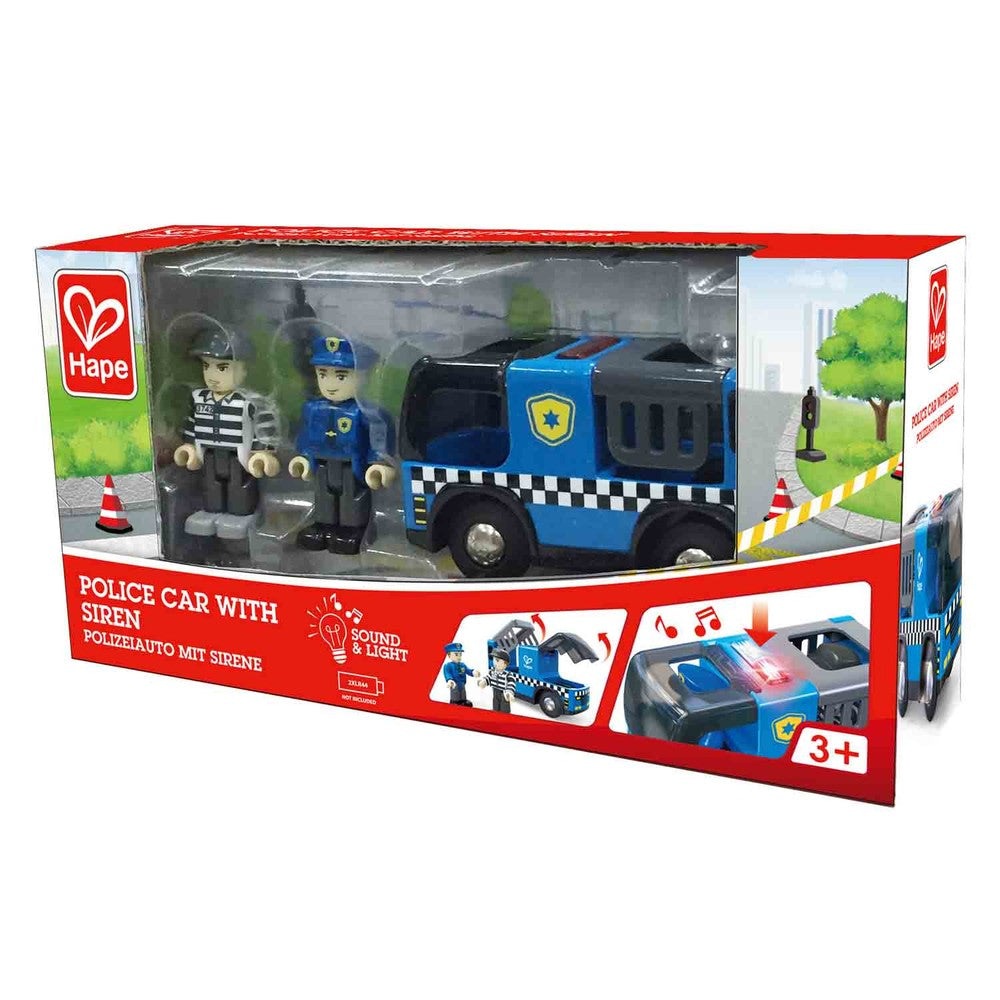 Hape Police Car with Siren toy set featuring a blue police vehicle and two figures in uniform