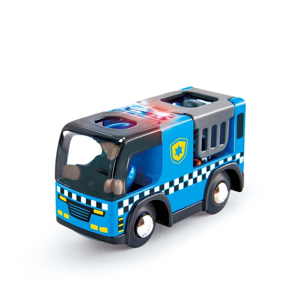 Hape police car toy in blue with siren lights and checkered stripe