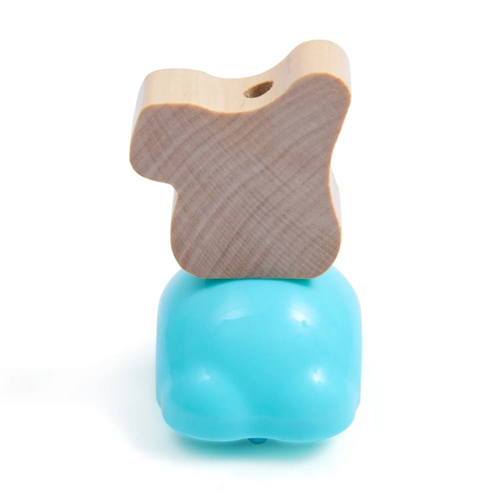 Hape Push & Run Bunny push toy: brown wooden bunny atop a bright blue rolling base for toddlers