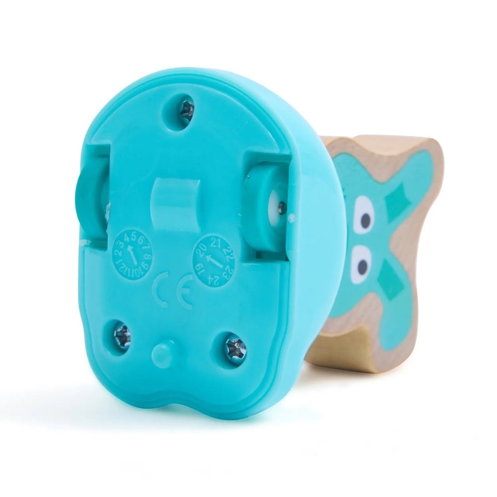 Hape Push & Run Bunny push toy in turquoise, wooden bunny with teal accents being pushed along.