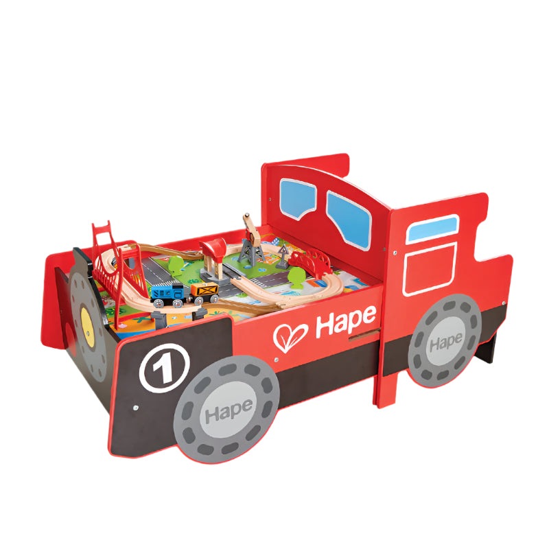 Hape Ride-On Engine Table red truck base with wooden train track and accessories