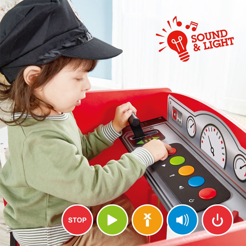 Hape Ride-On Engine Table for toddlers with steering lever and red dashboard with colorful circular controls.
