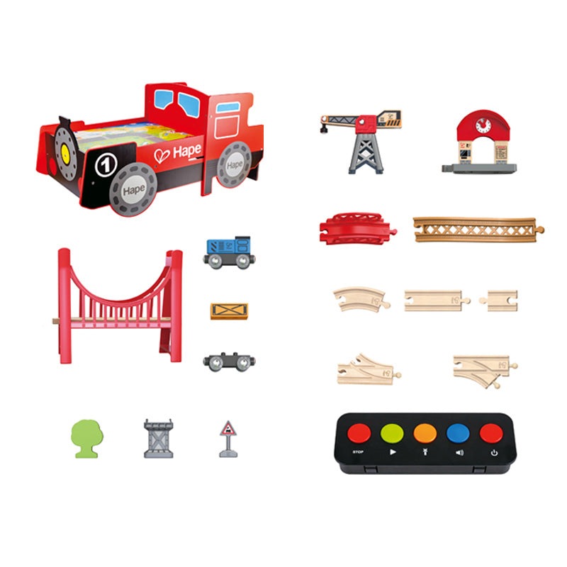 Hape Ride-On Engine Table set including red train engine, wooden tracks, bridge and crane accessories