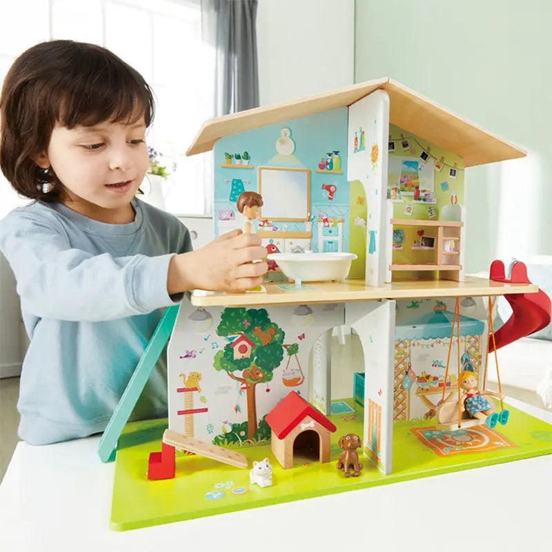 Hape Rock Slide House Sound Effect wooden dollhouse with slide and mini figures