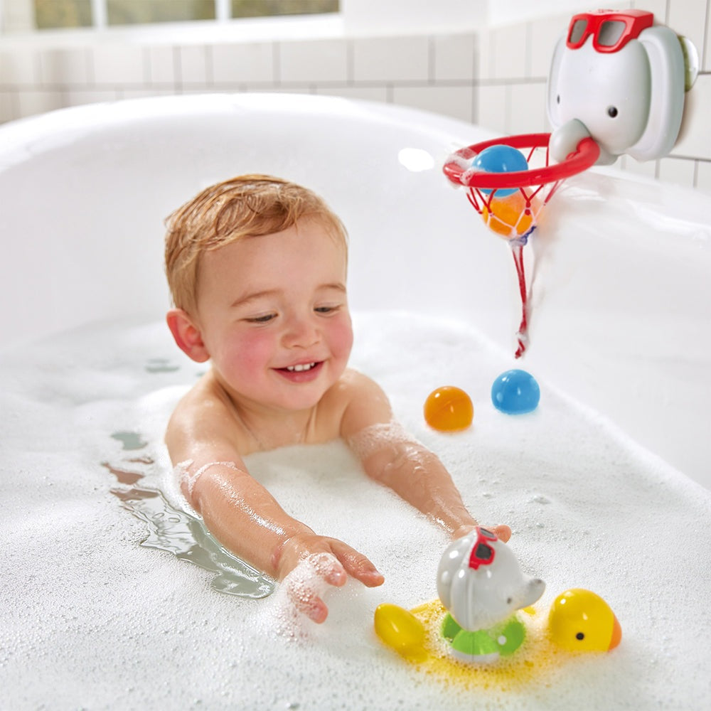 Hape Spin Splash N Swim Elephant bath toy, gray elephant with red goggles for toddlers