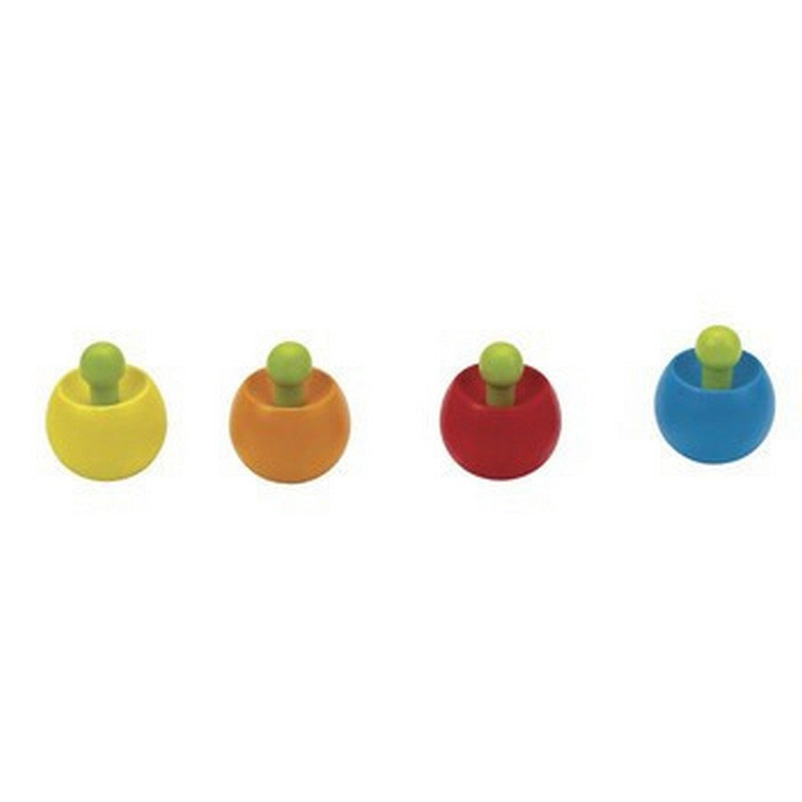 Hape Spinner quartet of yellow, orange, red and blue spinners with green knobs, lined up in a row.