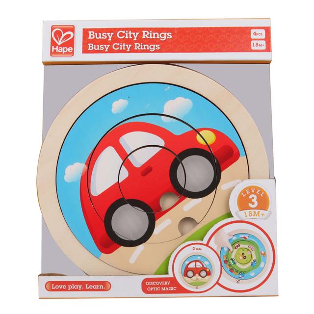 Hape Spinning Transport Puzzle; wooden toy with red car spinning rings for ages 18 months+