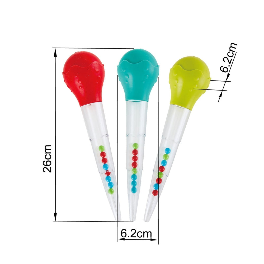 Hape Squeeze & Squirt bath toys; three bead-filled tubes with red, teal and lime bulb tops