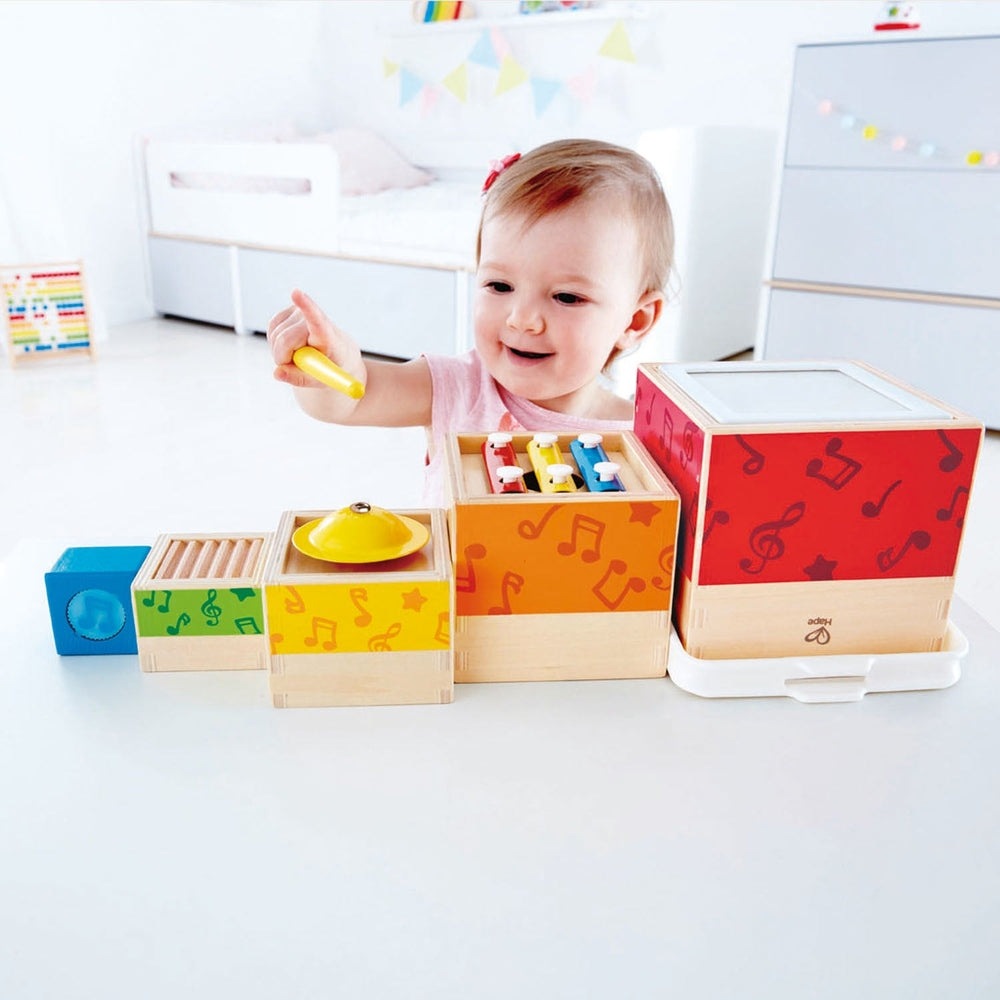 Hape Stacking Music Set; wooden baby musical toy blocks, 5-piece colorful pack with note designs