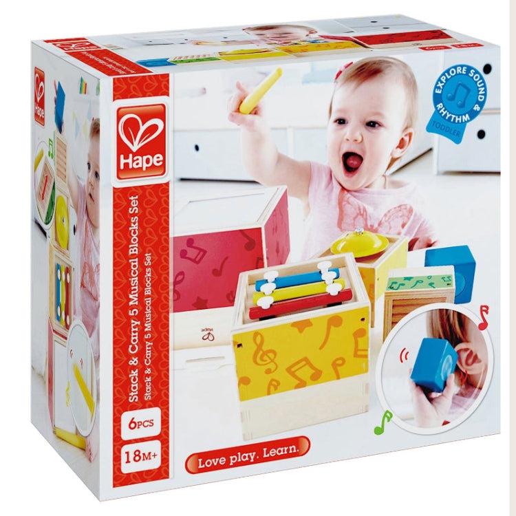 Hape Stacking Music Set wooden blocks, colorful toddler musical toy, 6 pcs