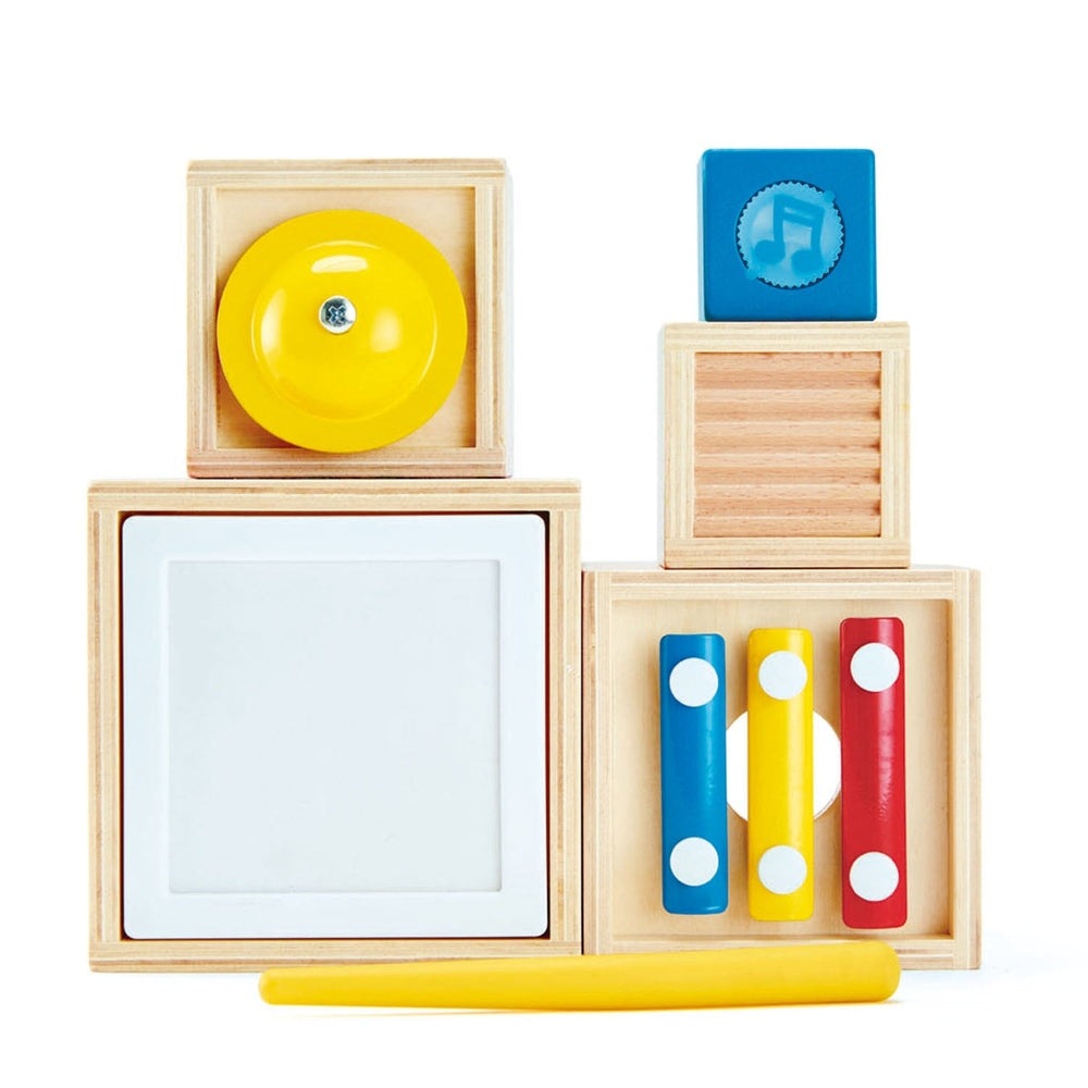 Hape Stacking Music Set; wooden blocks with bright yellow, blue, red xylophone bars and mallet