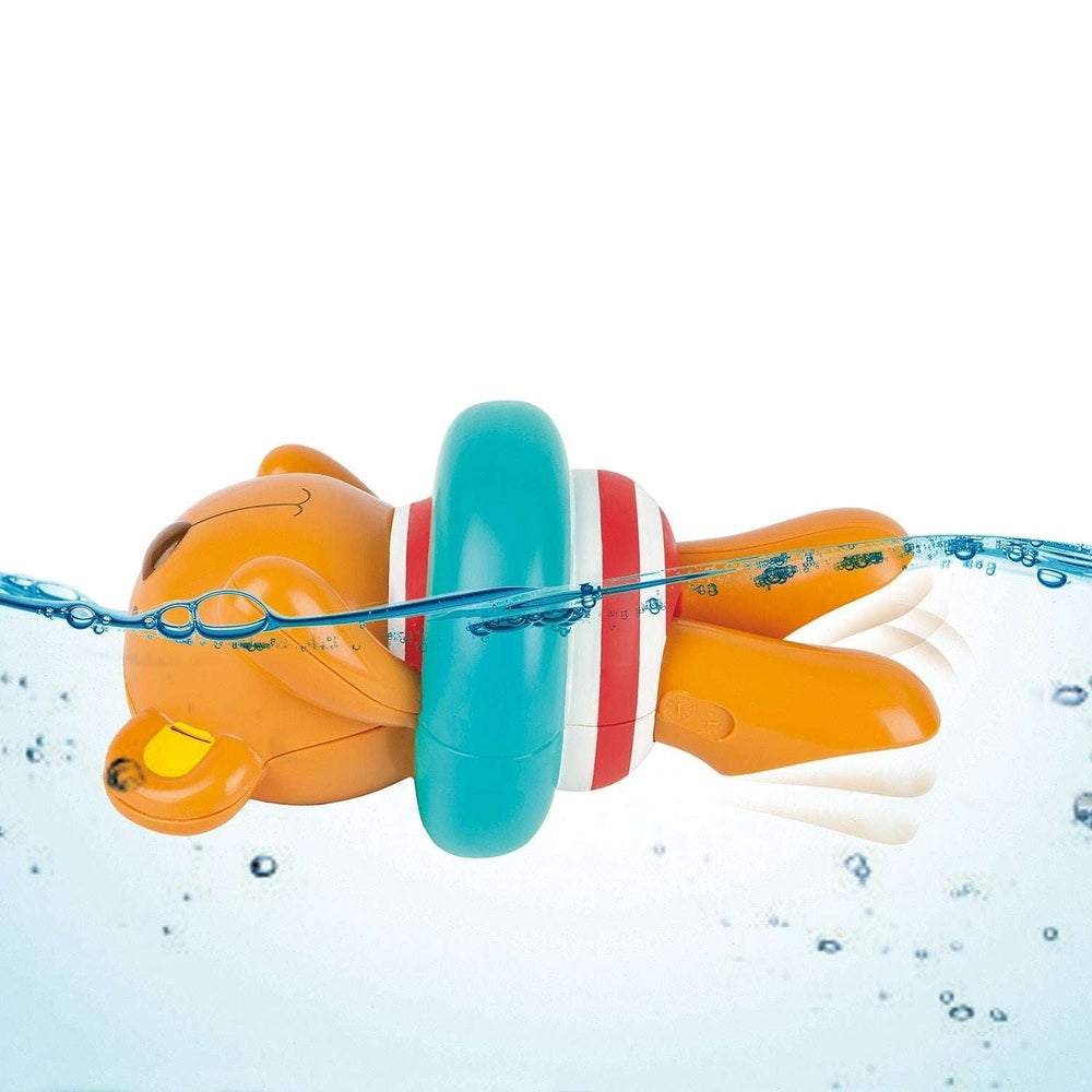 Hape Swimmer Teddy Wind-Up Toy; orange bear with turquoise fin for bath time play