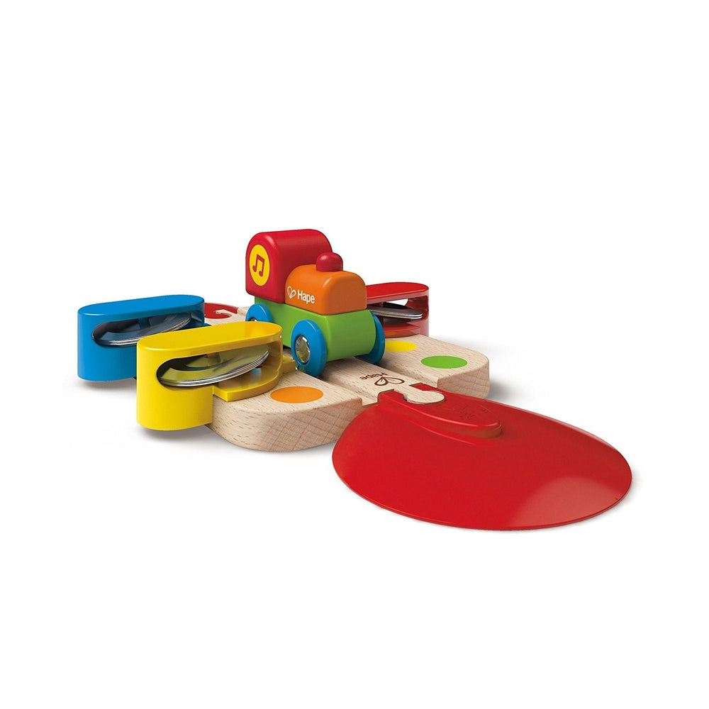 Hape Tambourine Track wooden toddler toy with bright circular tracks; a colorful train rolls along.