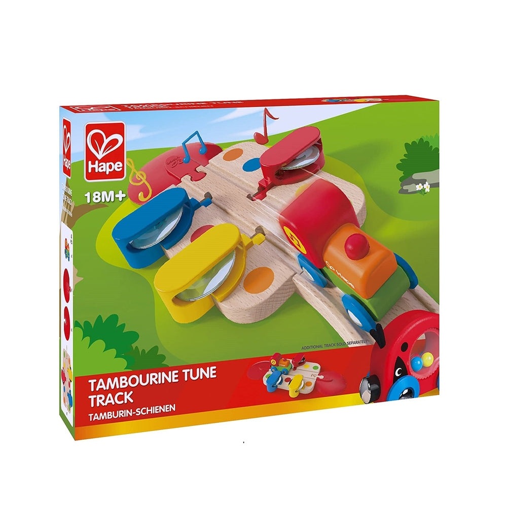 Hape Tambourine Track wooden toy; blue, yellow and red cars race along a curved track with bells.