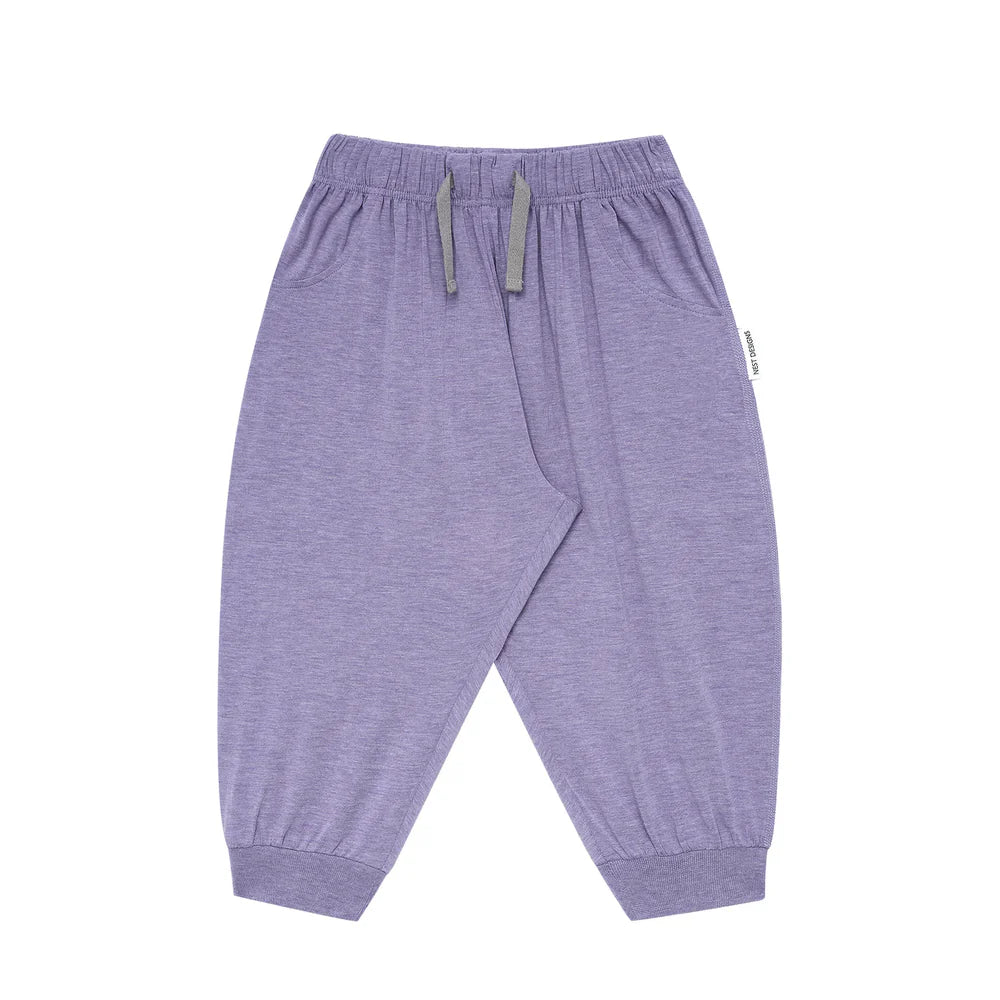 NEST DESIGNS Nest Designs Harem Pants Violet Blooms elastic waistband with gray drawstrings and ribbed cuffs img 1/4
