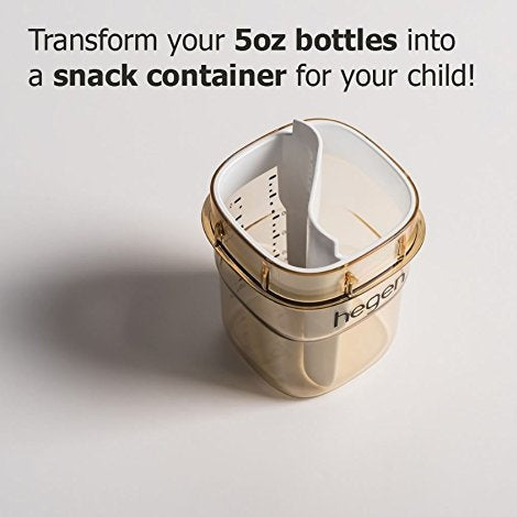 Hegen Food Storage Converter snack container in clear glass with gold-tone lid, fits 5oz bottles