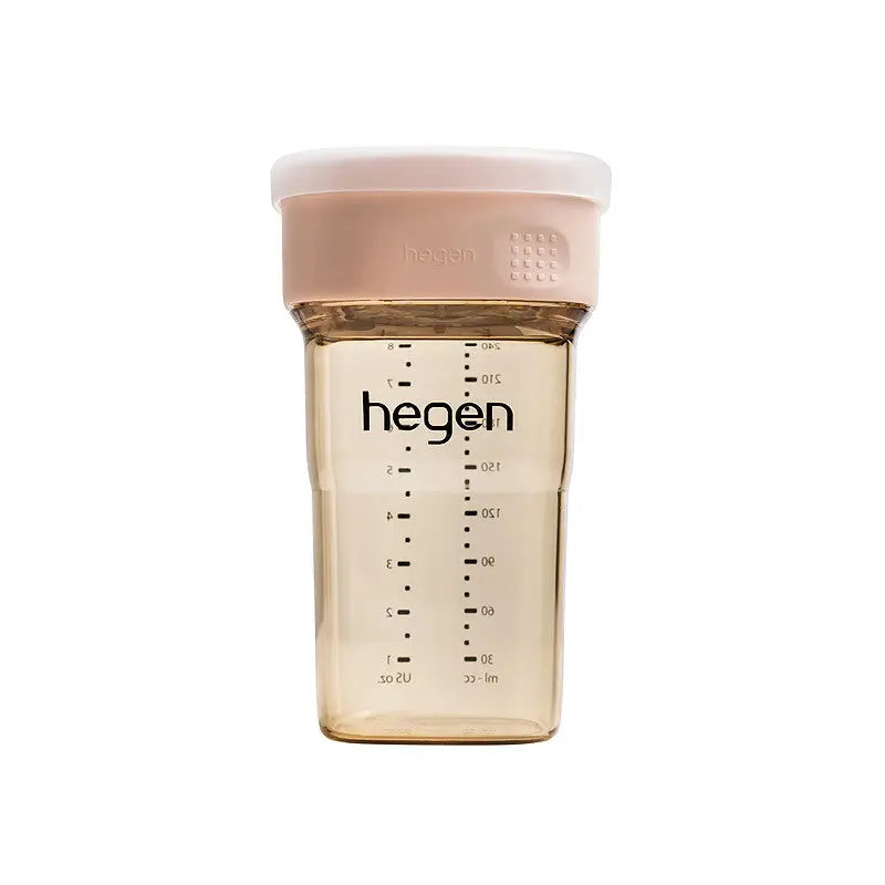 HEGEN PCTO 240 ml PPSU All-Rounder Cup with pink lid, clear bottle displaying measurement marks