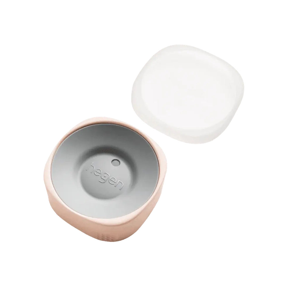 Hegen PCTO All-Rounder Cup PPSU 240 ml, pink exterior with gray interior; lid removed and beside it.