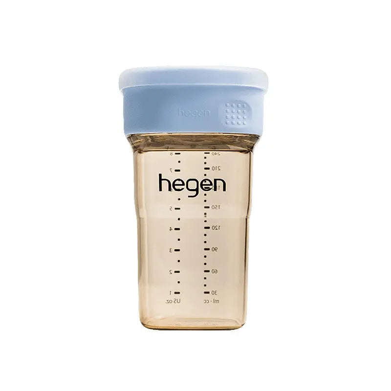 Hegen PCTO 240 ml All-Rounder Cup PPSU 12M+ with light-blue lid, clear body with measurement marks.