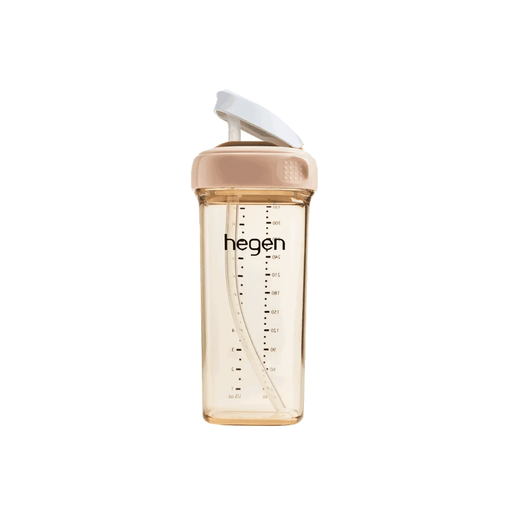 Hegen PCTO 330 ml straw cup with pink lid and clear body, shown ready for a sip.
