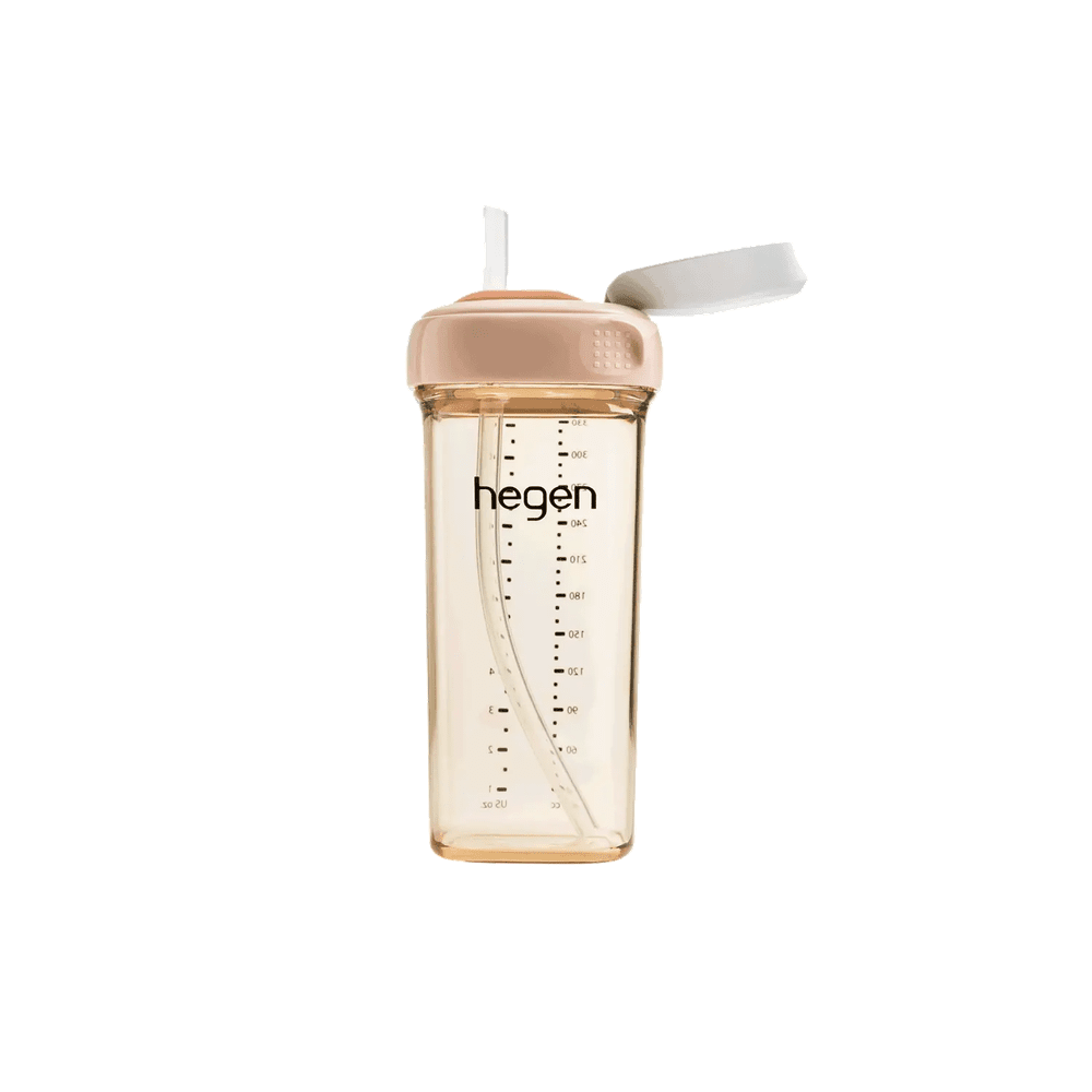 Hegen PCTOTM 330 ml/11 oz straw cup with pink lid; clear bottle shows straw positioned for sipping.