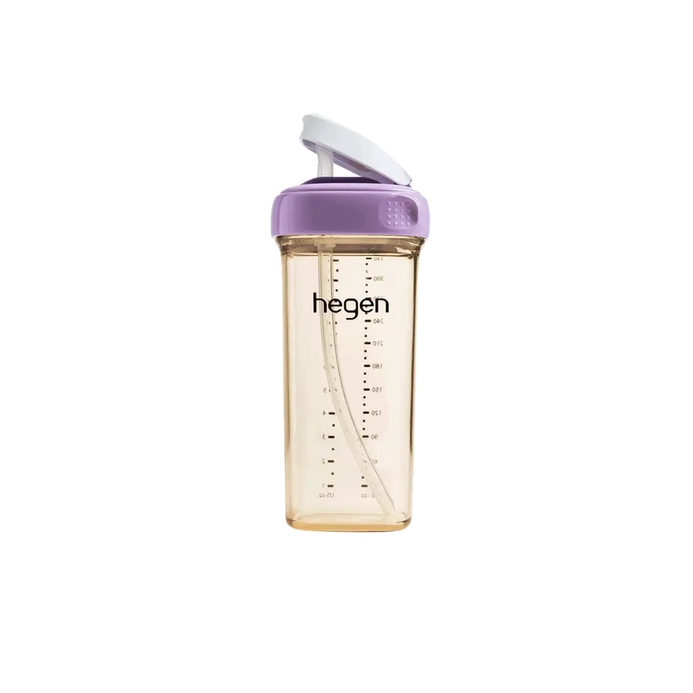 HEGEN PCTO 330 ml/11 oz straw cup with purple lid, clear bottle showing measurement marks and built-in straw.