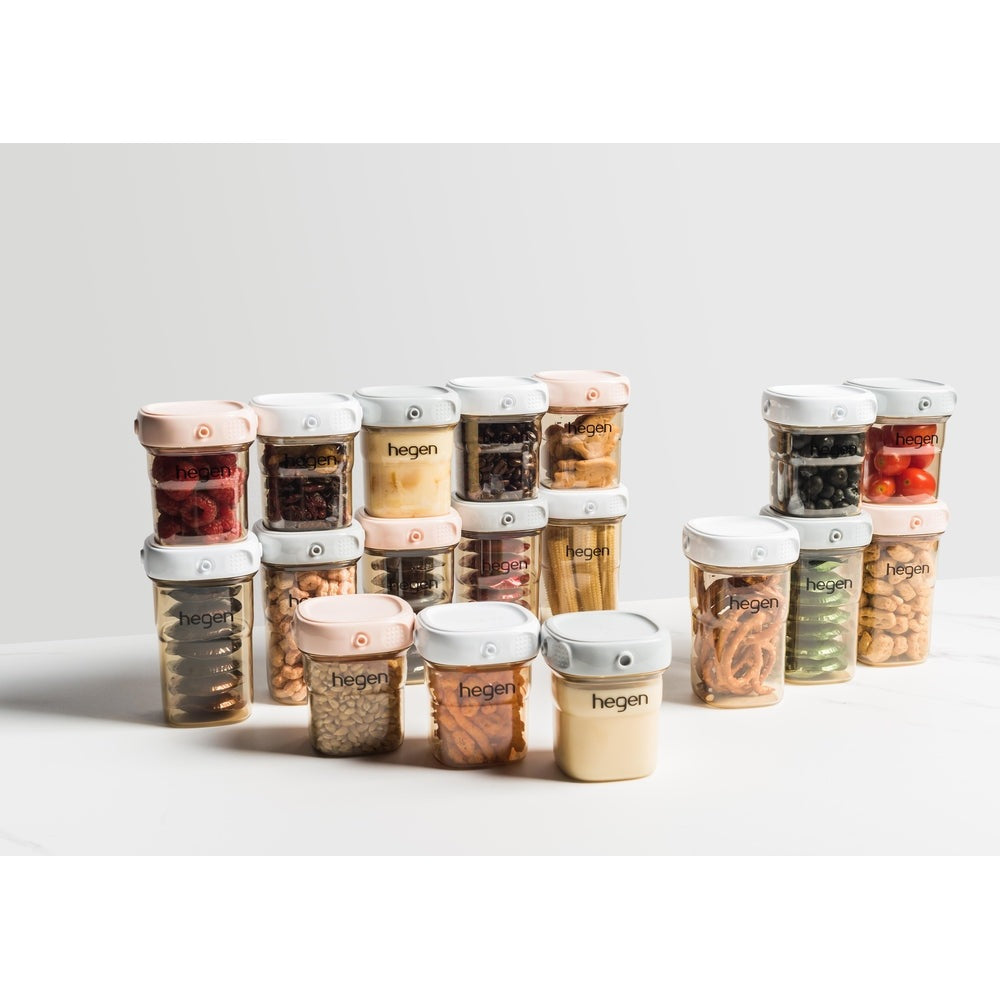 Hegen PCTO PPSU breast milk storage jars, 150 ml each, clear with white and blush lids - set of 16