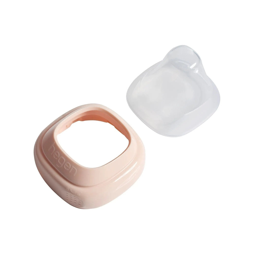 Hegen PCTO Collar and Transparent Cover set in soft pink silicone, shown with the clear lid for easy feeding.