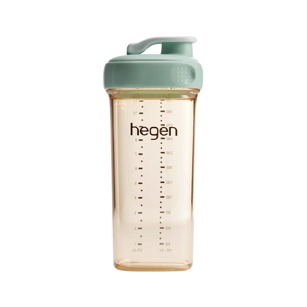 Hegen PCTO Drinking Bottle PPSU 330 ml with mint cap, upright on white with measurement marks visible