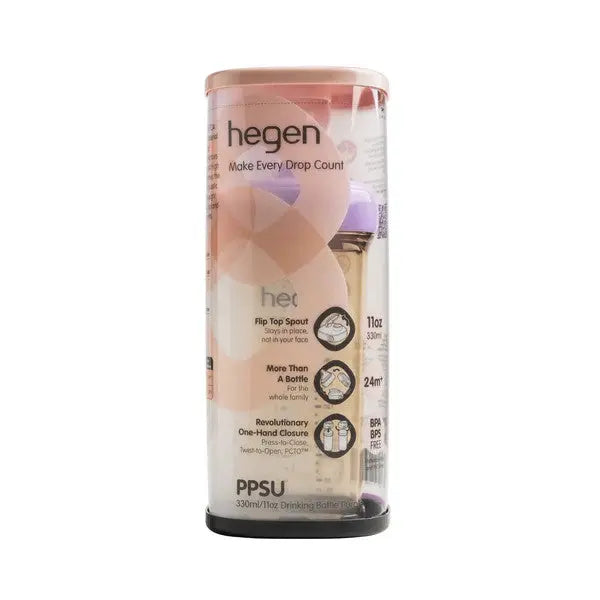 HEGEN PCTO PPSU drinking bottle 330 ml in clear bottle with pink cap, shown in protective cylindrical packaging.