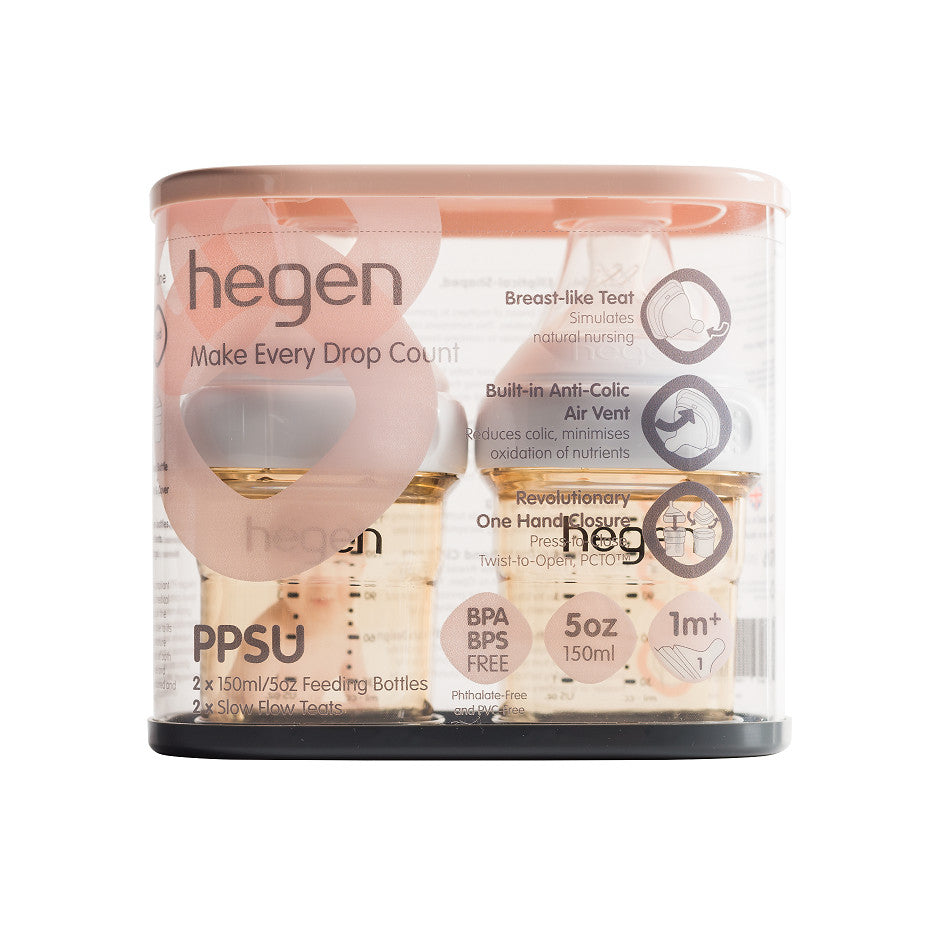 Hegen PCTO PPSU feeding bottles 150 ml (5 oz) 2-pack with pink lids in clear case