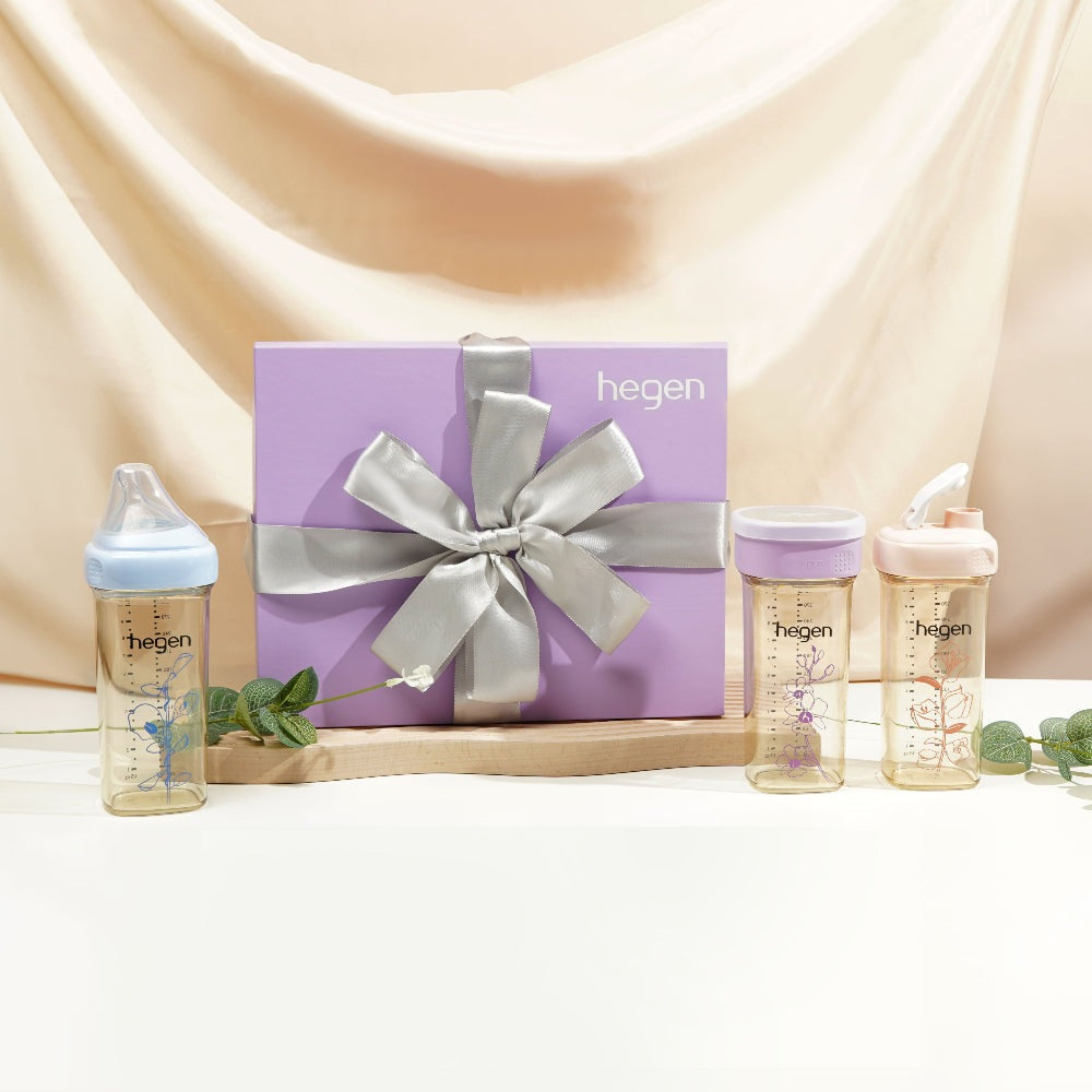 Hegen PCTO Floral Collection limited edition baby bottle set - 3 bottles with pastel lids and a purple gift box