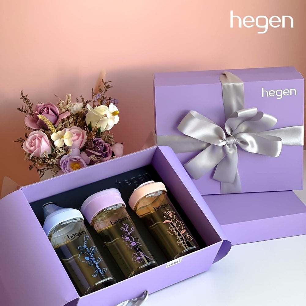 Hegen PCTO Floral Collection gift set: 3 pastel baby bottles in a lavender box with a silver ribbon