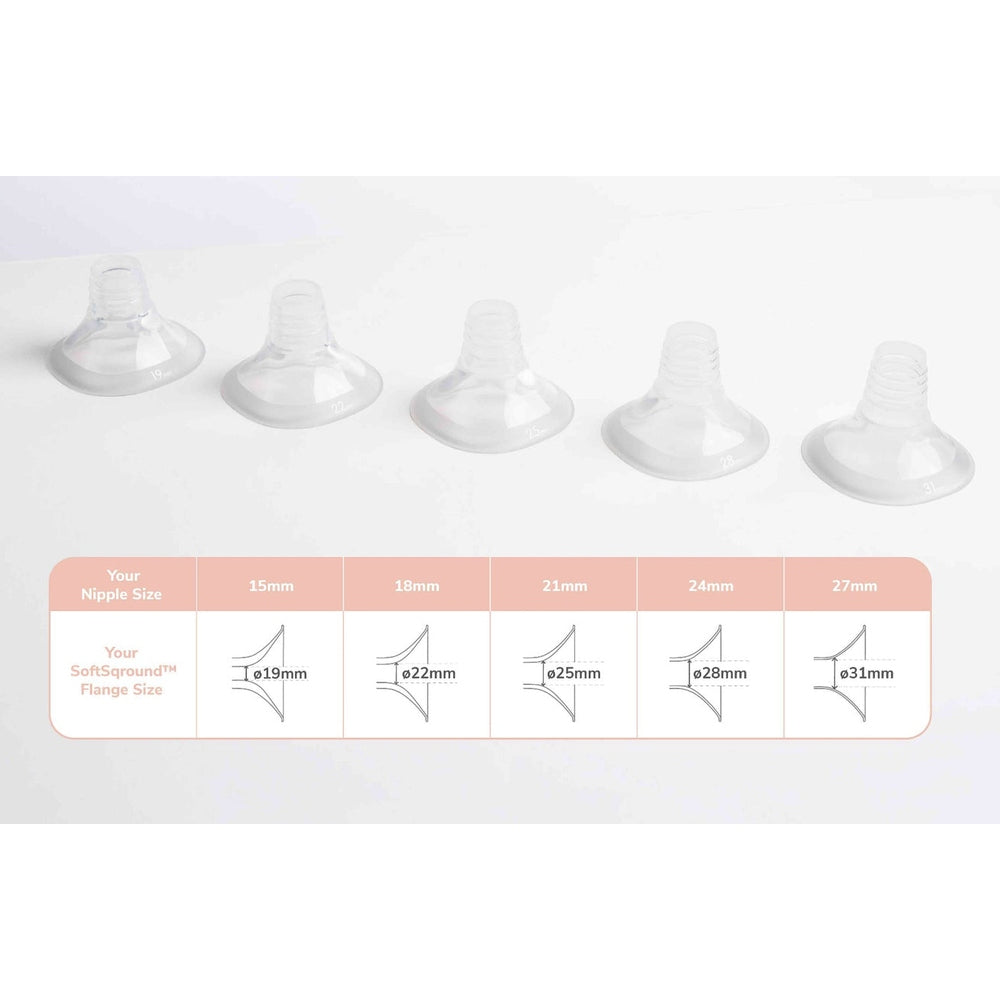 Hegen PctoTM Manual Breast Pump Kit Softsqround, clear flanges aligned above a 15-27mm size guide on white background